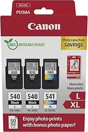[Canon] Ink & Paper Multipack - PG-540L/CL-541XL Genuine Printer Ink Cartridges 3 Pack (2 x Black, 1 x Colour) & 4x6 Photo Paper (50 x Sheets)