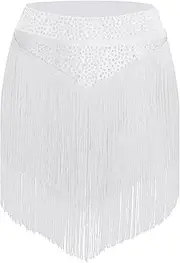 [Riismen] Women's Rhinestones Tassels Dance Skirt Elastic Fringed Mini Skirts for Latin Jazz Dance Competition