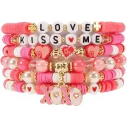 Kiss Me Love Bracelet Polymer Clay Bead Heishi Surfer Set Heart Charm