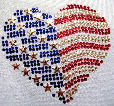American Flag Heart Iron On Transfer Rhinestone Design Bling Hot Fix Motif #1179