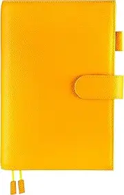Ox Knight A5 Leather Planner Cover for Hobonichi Cousin, Stalogy, Midori, Leuchtturm1917, and More - with Pen Loop, Card Slots, Back Pocket, and Bookmarks (Yellow)