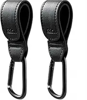MoBearer Baby Stroller Hooks for Hanging Diaper Bags Multipurpose Mommy Hooks for Grocery Shopping Bags,Stroller Clips Leather Straps 2 Pack (Black)