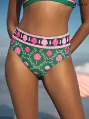Love & Roses Green Palm Patched Tummy Control High Waisted Bikini Bottoms (AV8375) | $55