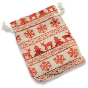 10 Metallic Tan & Red Fabric Drawstring Bags for Christmas, Reusable Pouches