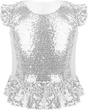 [TiaoBug] Girls Sparkly Sequin Tops Short Flutter Sleeves Crewneck Glitter Blouse Shirt for Dance Party