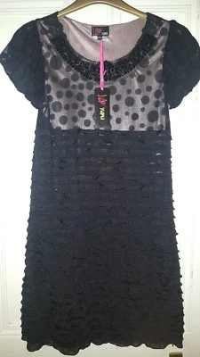 Yumi Black Polkadot Lace Empire Line Knee Length Christmas Dress Frock. UK M-L.