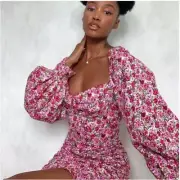 NWT Nasty Gal Floral Balloon Sleeve Ruched Mini Dress Size 6
