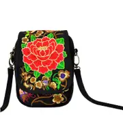 Nevenka Flowers Embroidery Canvas Crossbody Bag Women Shoulder Bag Cellphone Pouch Purse-HongMuDan