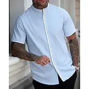 Men's Shirt Summer Shirt Casual Shirt Beach Shirt Button Up Shirt White Blue Short Sleeve Plain Band Collar Vacation Hawaiian Patchwork Clothing Apparel Polyes