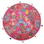 Ethnic Round Floor Cushion Cover Vintage Patchwork Pink 28x28 Cotton Foot Stool