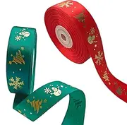 LXKBD 2 Rolls Christmas Ribbons with Snowflake Snowman Decorative Signs,1 Inch by 25 Yard Spool for Christmas Tree,Gift Wrapping Decorations,Floral Bows Craft (Red and Green)