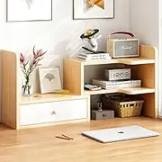 Joiena Desktop Bookshelf Desk Storage Organizer Adjustable Wood Bookcase Desktop Display Shelf Stand Rack with Cabinet Office Supplies (Wood)
