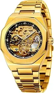 [DAXIAOYU] Luxury Man Watch for Men Engraved Automatic Self-Wind Mechanical Big Dial Luminous Moon Phase Silver Golden Hollow Tattoo Pattern Wrist Watches, Mechanical