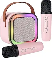 Hopjuery Karaoke Machine for Kids Adults, Mini Portable Bluetooth Karaoke Speaker with 2 Wireless Microphone and Lights,Toys for All Smartphones,Birthday, Family,Home Party Pinkcolor