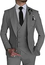 [JEShifangjiusu] 3 Pieces Tuxedo Blazer for Men 1 Button Elegant Slim Fit Single Breasted for Prom Wedding Party Stylish Suit Dress Set Vest Pants, Dark Gray, M