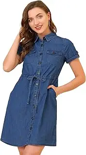 [Allegra K] Women's Jean Dresses Summer Casual Drawstring Waist Button Down Denim Dresses