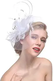 [COMVIP] Women Vintage Cocktail Party Mesh Feather Hair Clip Accessory White
