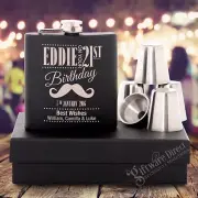 Engraved Birthday Black Hip Flask GIFT SET 18th, 21st, 30th Personalised Present
