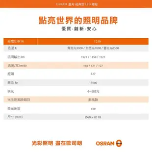 【Osram 歐司朗】12W E27燈座 LED高效能燈泡-4入組(廣角/全電壓)