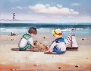 Kids on Beach -#e3CK-8, 8x10 - Hand painted Oil Painting on Canvas