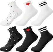 [Zuimei] 6 Pairs Frilly Socks Women Ruffle Socks Woman Cotton Cute Pattern Ankle Socks Breathable Short Socks Crew Socks for Womens Ladies Girls UK Size 3-7, White Black, White Black, 3-7