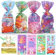 Bighan 100 PCS Easter Day Candy Bags, Easter Day Treat Bags 4 Styles with Easter Patten Carrots Rabbits Plastic Candy Cookie Goodies Gift Bags with Ties
