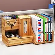 Hbluefat Desktop Organizer with Drawer, Wooden Desk File Document Organizer with Pen Holder and Tissue Box, Tabletop Stationery Storage Rack for Desk Accessories, File, Book, Office Supplies (Wood)