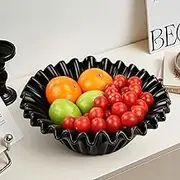 10'' Large Decorative Ceramic Bowl, Fruit Bowl for Kitchen Counter, Crinkle Design Fruit Bowl for Modern Home Decor Centerpiece, Scalloped Ruffle Key Bowls, For Entryway Table & Dining Table (Black)