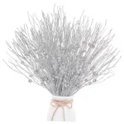 24 Pack Artificial Glitter Berry Stem Ornaments 17 Inches Fake Silver