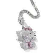 Sparkly Blingy 24-inch Rope Chain Iced-Out Cute Lovely Kitten Charm Pendant N...