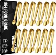 Walfos Small Gold Tongs For Serving,Food Grade Stainless Steel 4" Mini Tongs Appetizers for Parties Catering, Sugar，Desserts，Tea Party, Coffee Bar, Set of 12 （Gold）