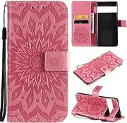 [Ttianfa] Case for Google Pixel 6 Wallet Flip case with 2& Tempered Glass Screen Protector[2 Card Slot][Magnetic][Stand] Sunflower Embossed Strap PU Leather 360° Shockproof Flip Folio,Black