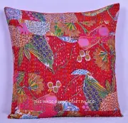 Kantha Patchwork Cotton Cushion Cover Red Color Sofa Pillow Case Throw 16" Decor