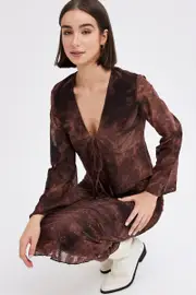 Red Paisley Tie Front Top Long Sleeve V Neck Mesh Flocked - Size L, Women's Top