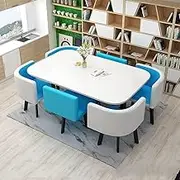 90 * 150cm Modern Kitchen Conference Dining Table and 6 Chairs Set, Rectangular Negotiation Coffee Table Space-Saving Office Reception Area End Tables(Blue)