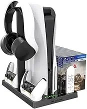 Multifunctional Cooling Dock Stand with Dual Controllers Charging Station for PS5, 3-Level Powerful Cooling Fan Stand with Disc Slot Headphone Hanger (for PS5)