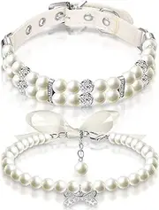 Hicarer 2 Pieces Small Dog Cat Pearl Collars and PET Pearl Necklace Set Cute Fashion PET Pu Leather Collars Necklace with Crystal Rhinestone for Dogs Cats Puppy Kitten Wedding Birthday Party