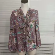 Chicos Blouse Jacobean Bouquet Floral Pleated Ruffle Womens sz Small Chico sz 0