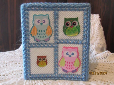 OWLS / BLUE/WHITE NEW HANDMADE PLASTIC CANVAS TISSUE BOX COVER CUBE