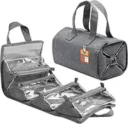 [atorakushon] Hanging Roll-Up Makeup Bag/Toiletry Kit/Travel Organizer with 4 Removable Storage Bags for Jewellery Cosmetics First Aid Medicine Personal Care Bathroom/Brush Holder Gray, Grey, Standard,