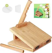 Tortilla Press 10 Inch Tortilla Maker Large Roti Maker with Rolling Pin+Dough Scraper+Parchment Paper Bamboo Wood Tortilla Press for Homemade Tortilla, Roti,Taco,Dough Press