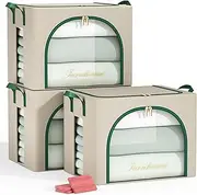 Furnhome 3 pack Clothes Storage Bins with metal Frame, sweater storage for closet, Stackable Storage bins for clothes, Foldable Clothing Storage bins with Cedar Blocks& Windows&Zippers|40L-Dark Green