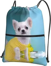 EdWal Cute Chihuahua Print Drawstring Backpack Gym Bags Sports Bags With Zipper Pocket For Travel Beach, Black, One Size