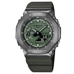 G-SHOCK CASIO / 卡西歐 八角金屬 雙顯 防水 橡膠手錶 綠x灰框 / GM-2100B-3A / 45m