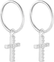 [Serenity Sleepers] 925 Solid Sterling Silver Sleeper Huggie Hoop Charm Earrings For Women | Cross | Dainty Zirconia Earrings (Cross)
