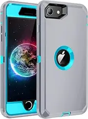 RegSun for iPhone SE 2022/2020 Case,Built-in Screen Protector, Shockproof 3-Layer Full Body Protection Rugged Heavy Duty Cover Case for iPhone SE(2nd/3rd Gen) 4.7-inch,Grey/Turquoise
