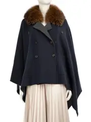 Navy Cashmere Fox Fur Trim Cape