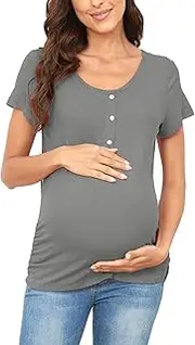 [PARNIXS] Fashion Women's Maternity t-Shirts Comfy Short Sleeve Button Maternity Clothes