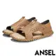 【Ansel】 真皮涼鞋平底涼鞋/真皮透氣沖孔手工縫線復古造型平底涼鞋-男鞋 棕