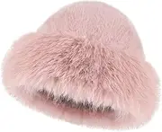 [Yonchic] Faux Fur Plush Bucket Hat, Winter Soft Cute Fuzzy Fisherman Cap, Fashion Outdoor Thick Warm Hats for Women, Pink, One Size